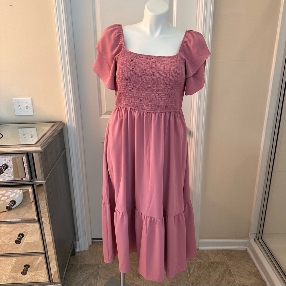 Midi dress. Rose colored dress. Size XL dress. Shirt sleeve dress.